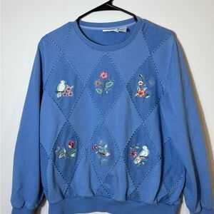 Alfred Dunner Grannycore Floral Bird Embroidered Diamond Sweatshirt Blue Large